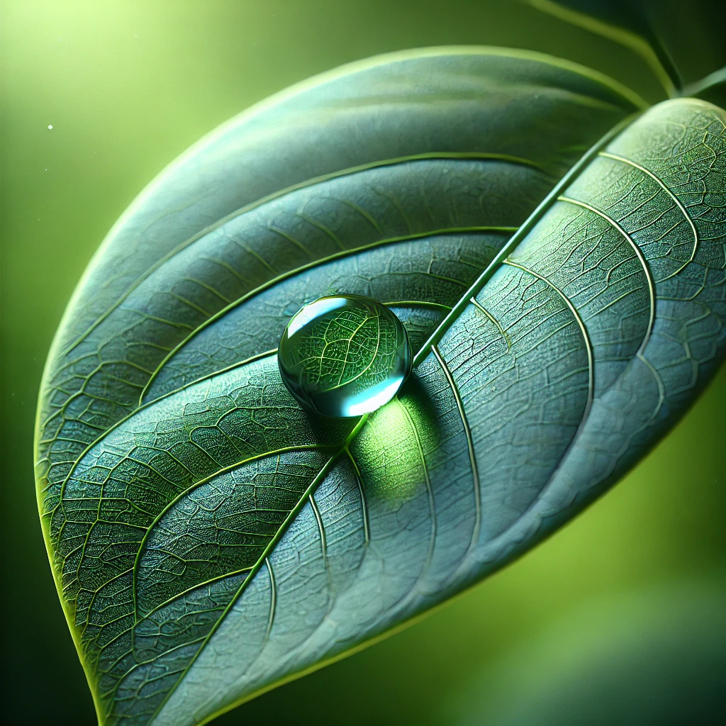 A leaf with a drop of water, representing purity and the natural essence of our products. Contact Frysk Farma.