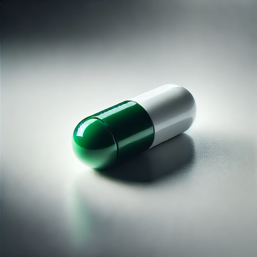 Close-up of a single capsule, representing precision and quality in food supplement products. Contact Frysk Farma.